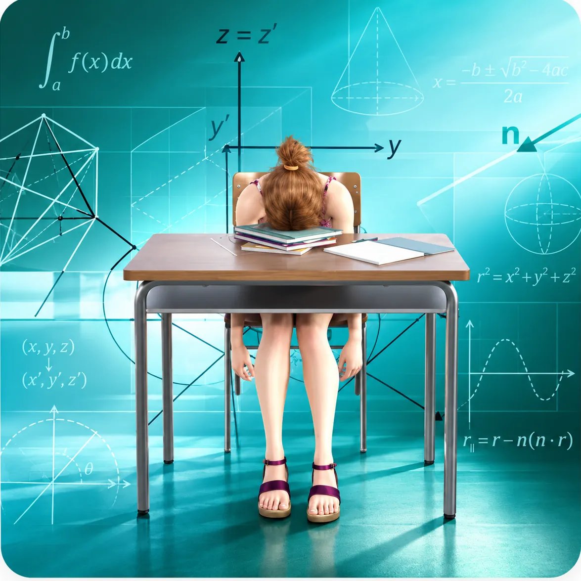 Študentka sedí za lavicou s hlavou v dlaniach, okolo nej sa vznášajú matematické vzorce a grafy